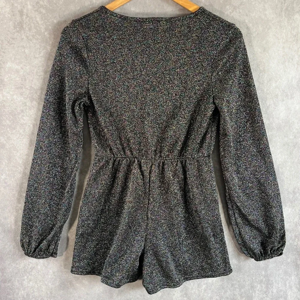 Nasty Gal Plunge Metallic Romper Womens 6 Navy Multicolor Glitter Long Sleeve - Picture 3 of 8